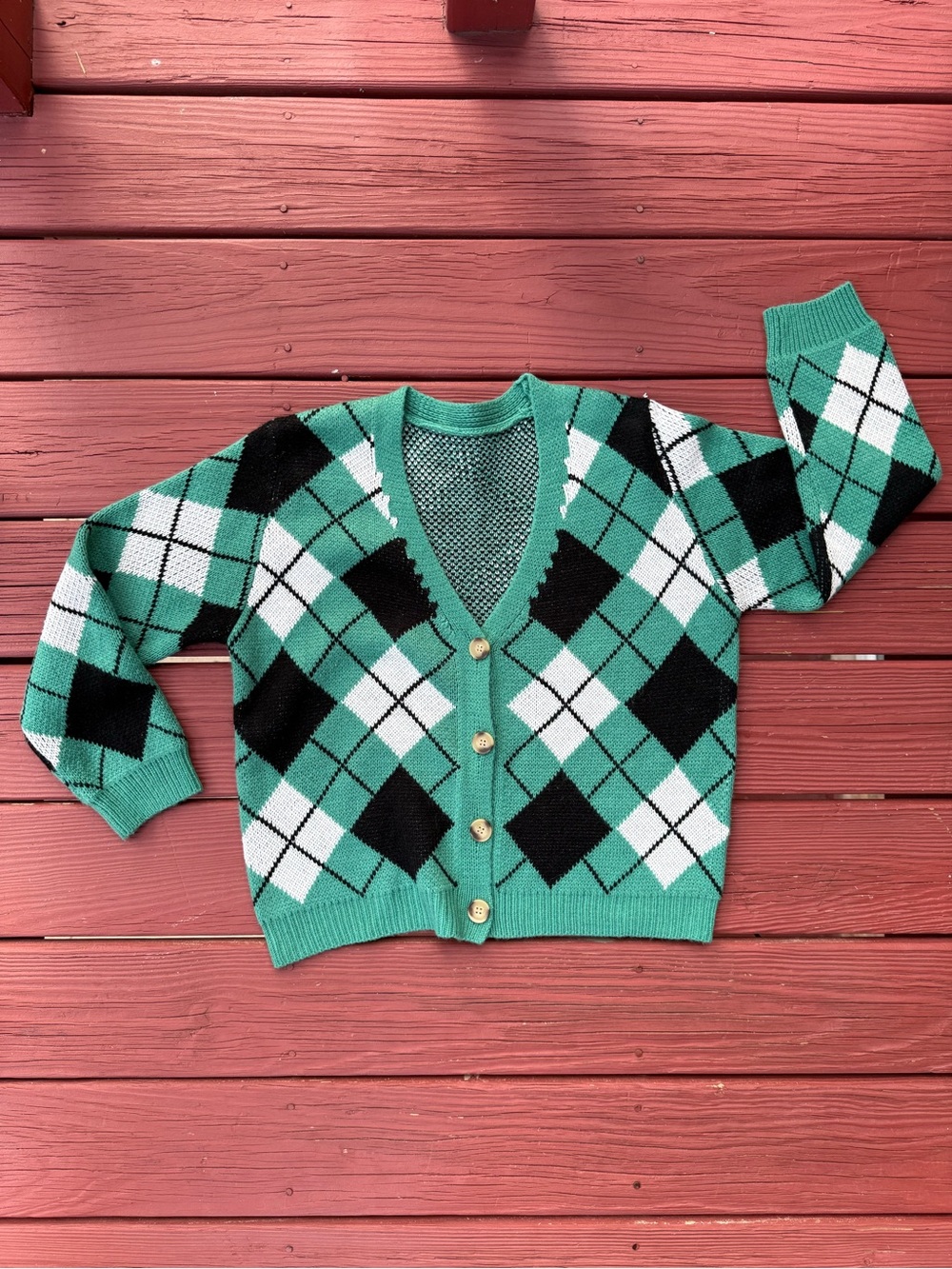 Green Argyle V-Neck Button Cardigan Sweater